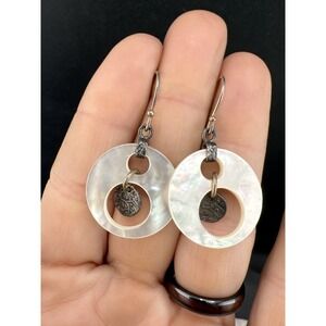 Vintage Mother Of Pearl Hoop Earrings Silver Tone Dangle